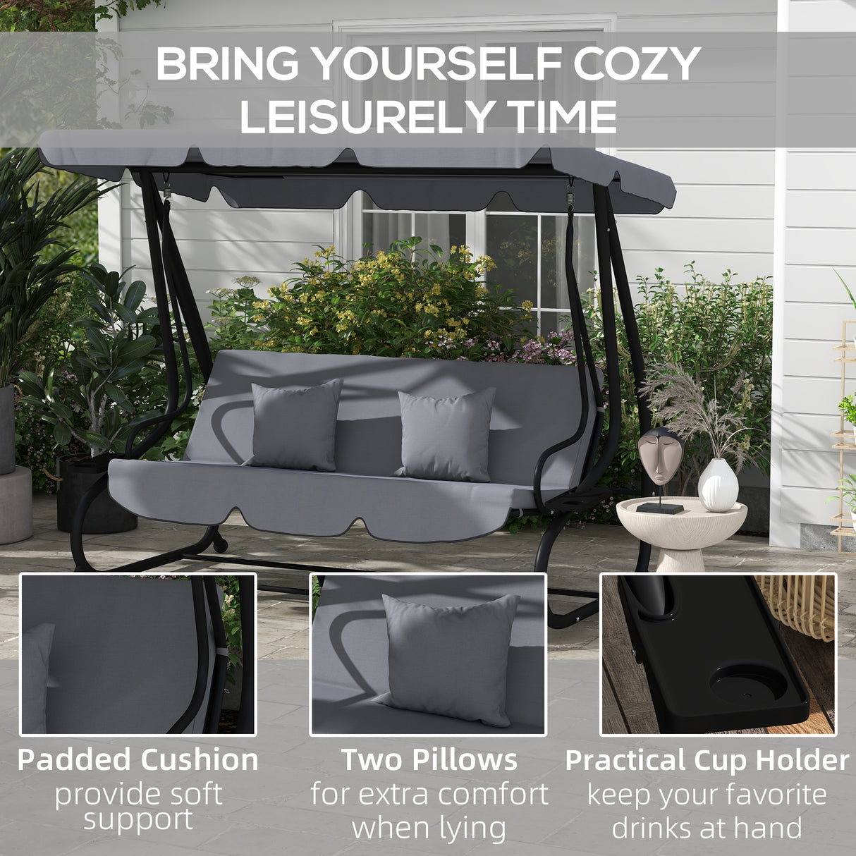 Steel 3 Seater Garden Swing Chair Bed With Adjustable Canopy - Velmora