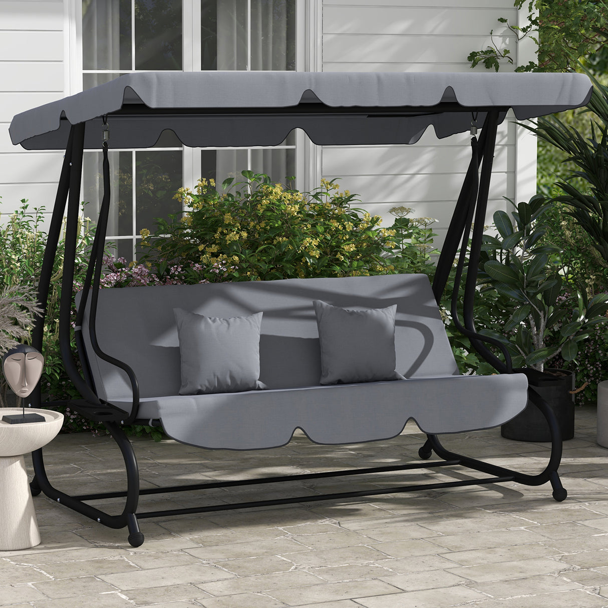 Steel 3 Seater Garden Swing Chair Bed With Adjustable Canopy - Velmora