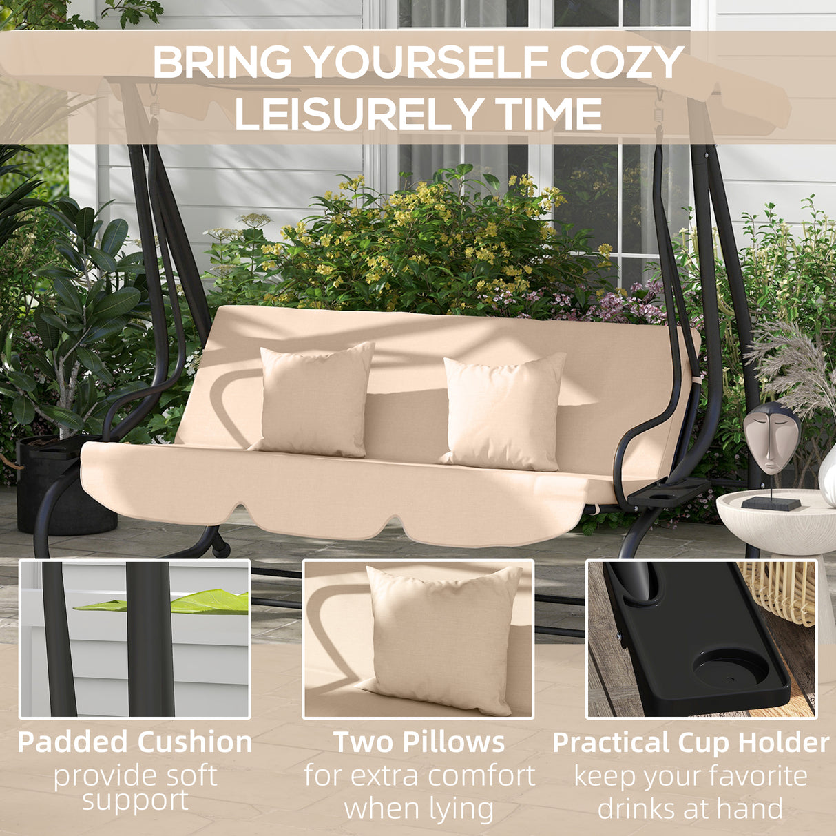 Steel 3 Seater Garden Swing Chair Bed With Adjustable Canopy - Velmora