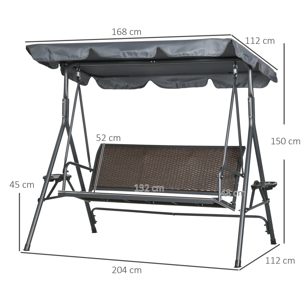 Steel 3 Seater Garden Swing Chair Bench With Adjustable Canopy And Rattan Seat - Velmora
