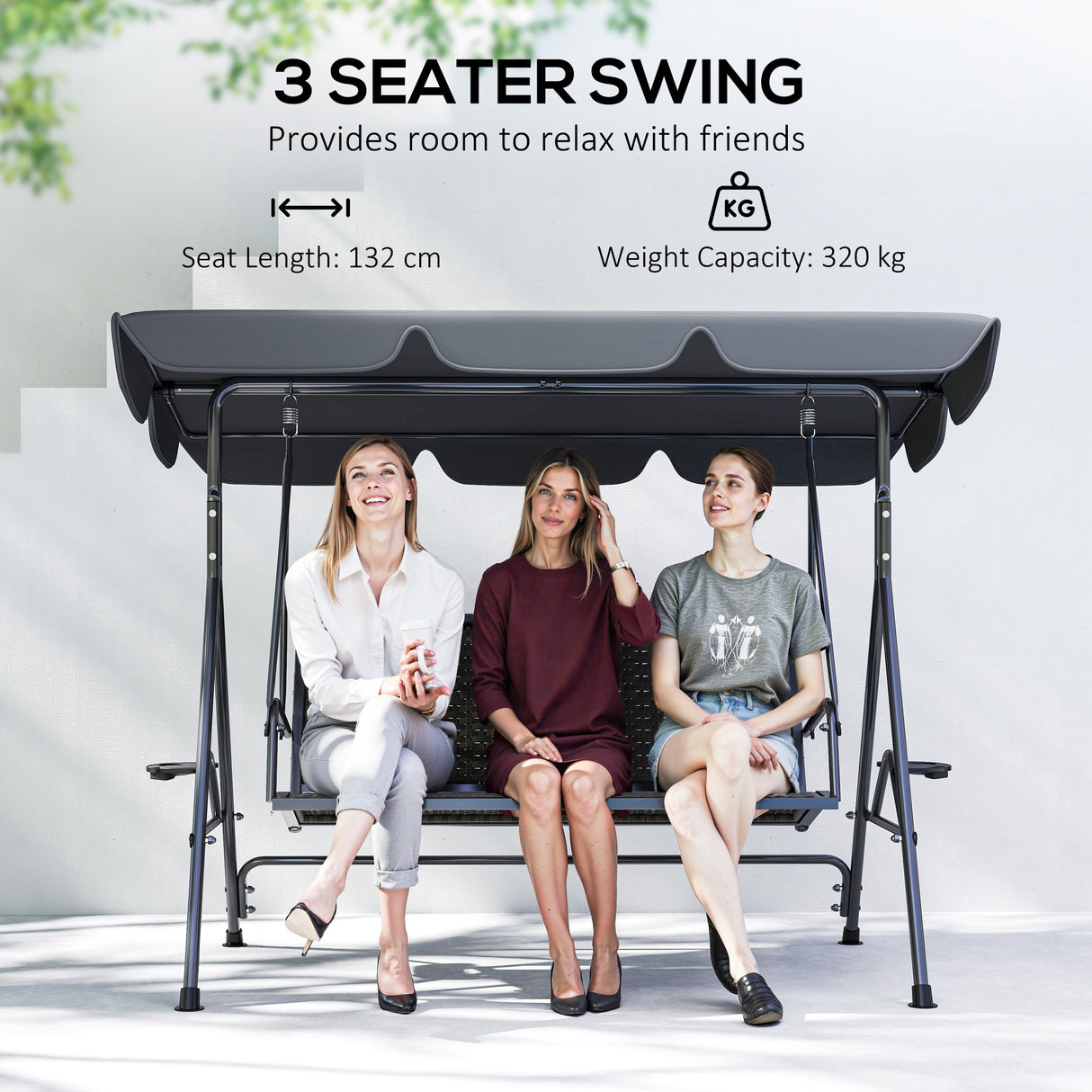 Steel 3 Seater Garden Swing Chair Bench With Adjustable Canopy And Rattan Seat - Velmora