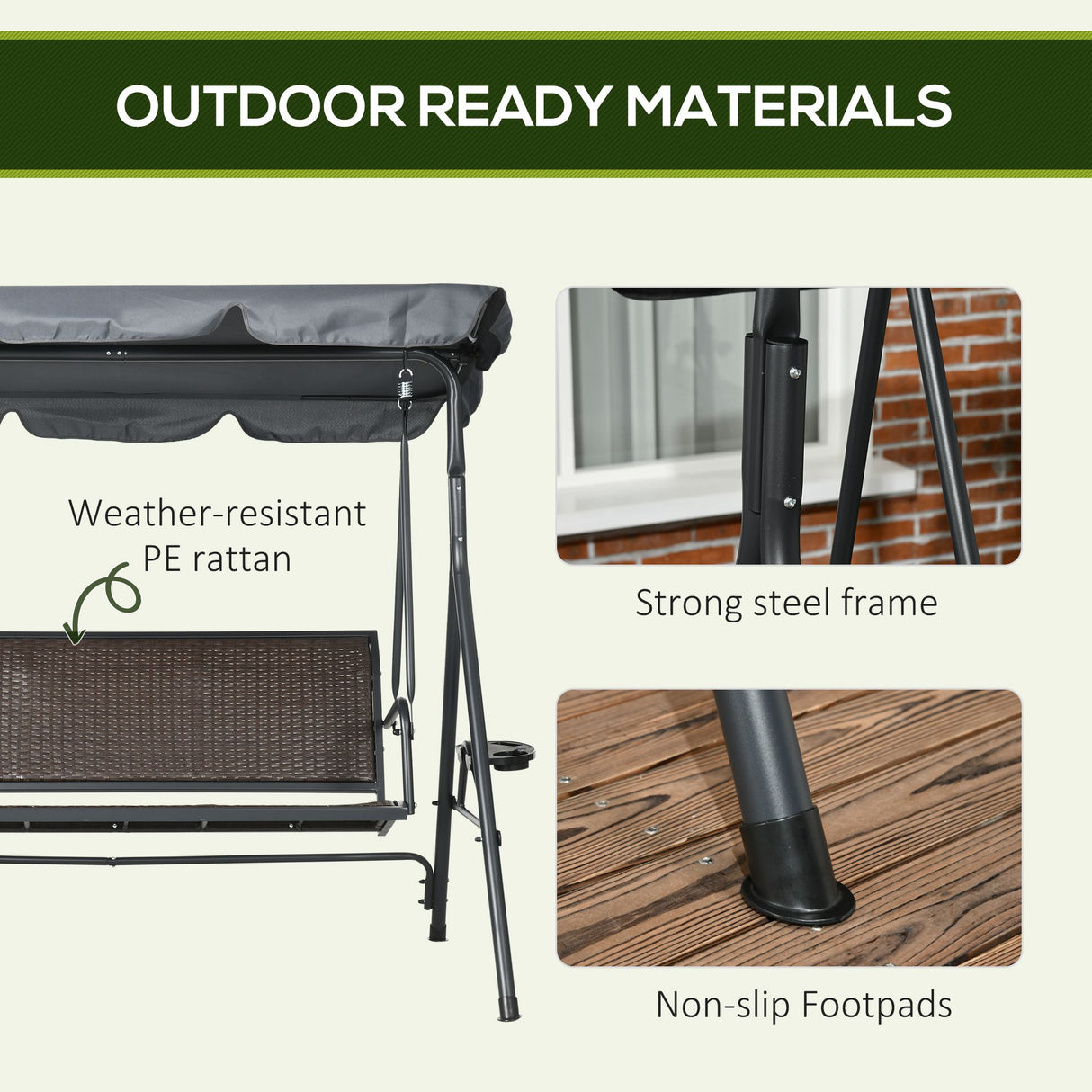 Steel 3 Seater Garden Swing Chair Bench With Adjustable Canopy - Velmora