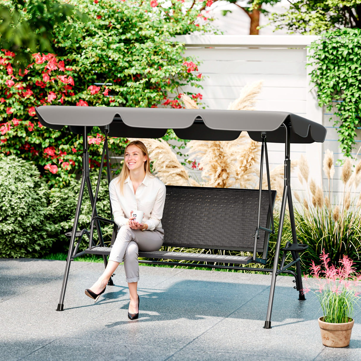 Steel 3 Seater Garden Swing Chair Bench With Adjustable Canopy - Velmora
