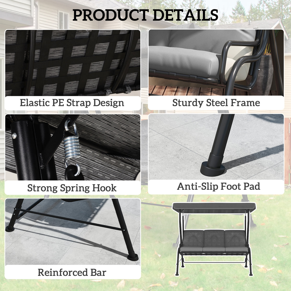 Steel 3 Seater Garden Swing Chair Bench With Adjustable Waterproof Canopy - Velmora
