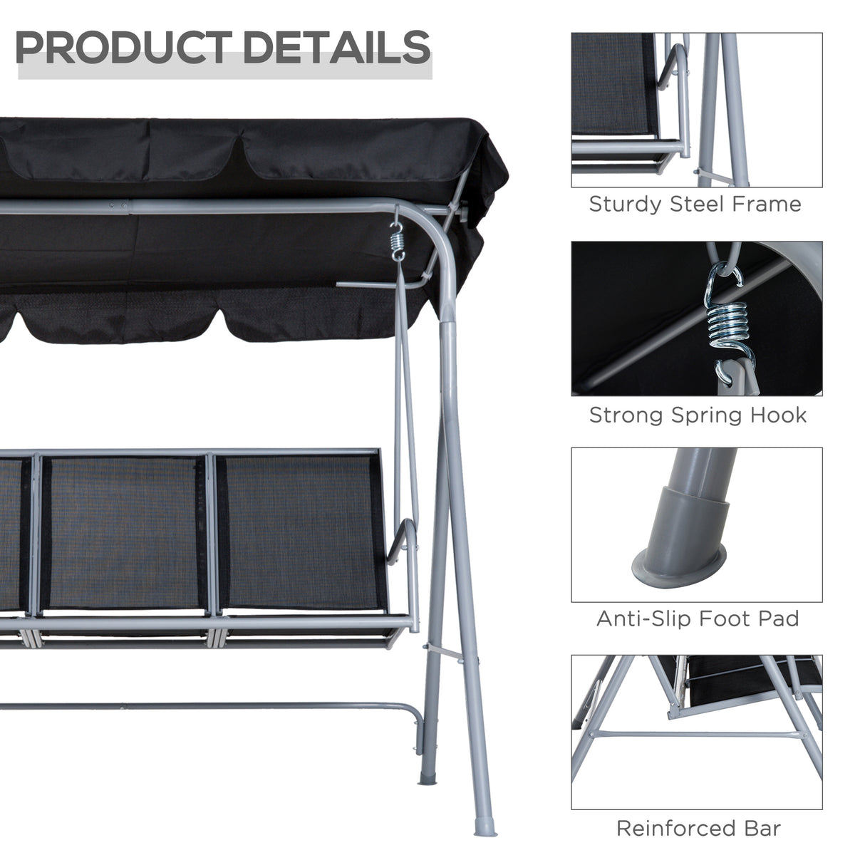 Steel 3 Seater Garden Swing Chair With Canopy - Velmora
