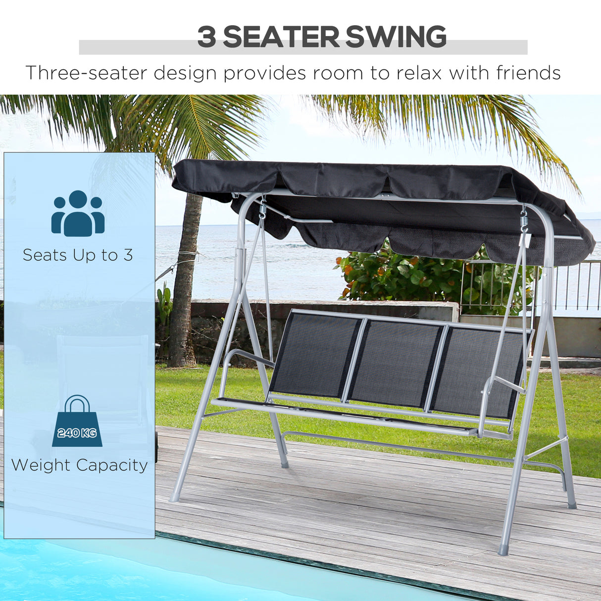 Steel 3 Seater Garden Swing Chair With Canopy - Velmora