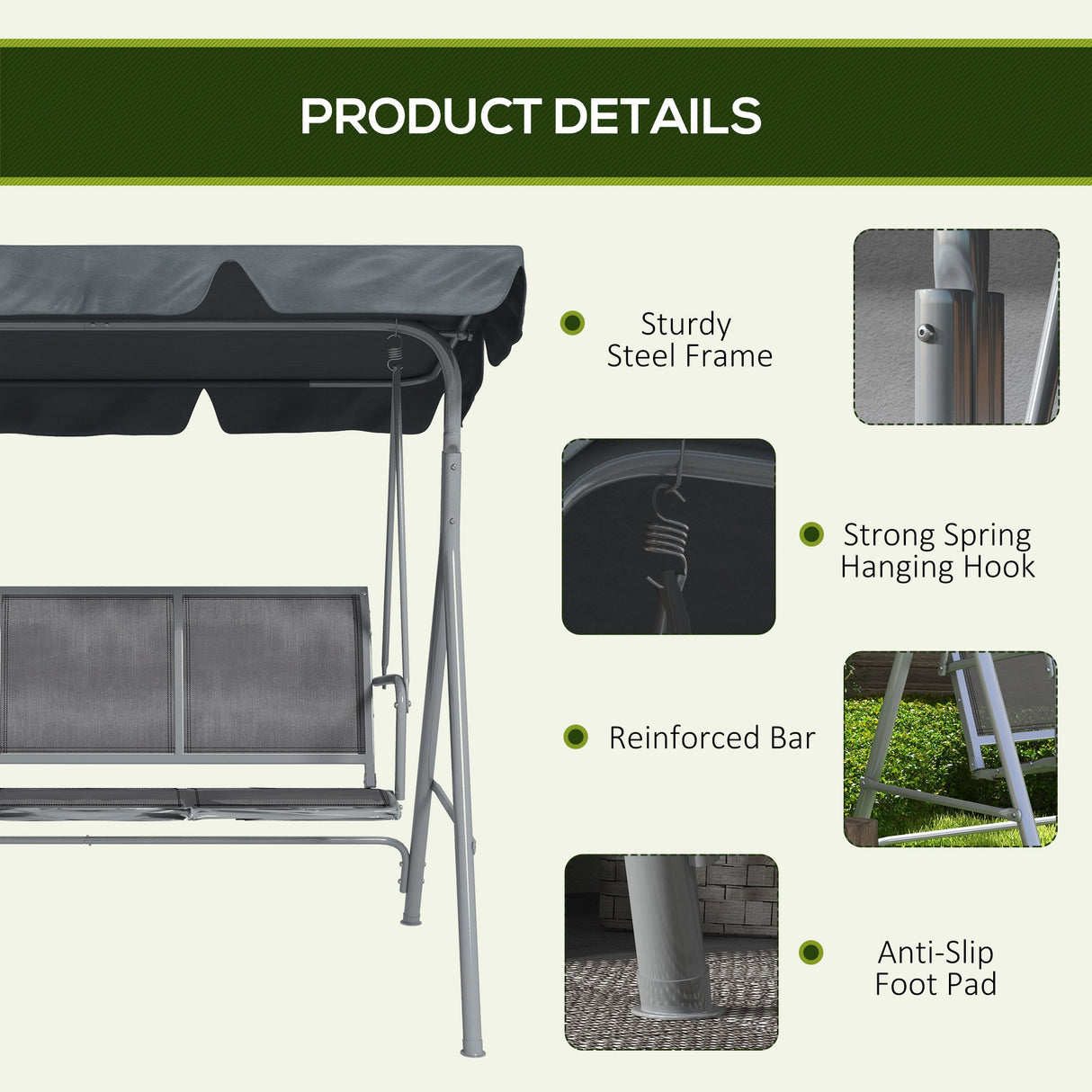 Steel 3 Seater Garden Swing Chair With Canopy - Velmora