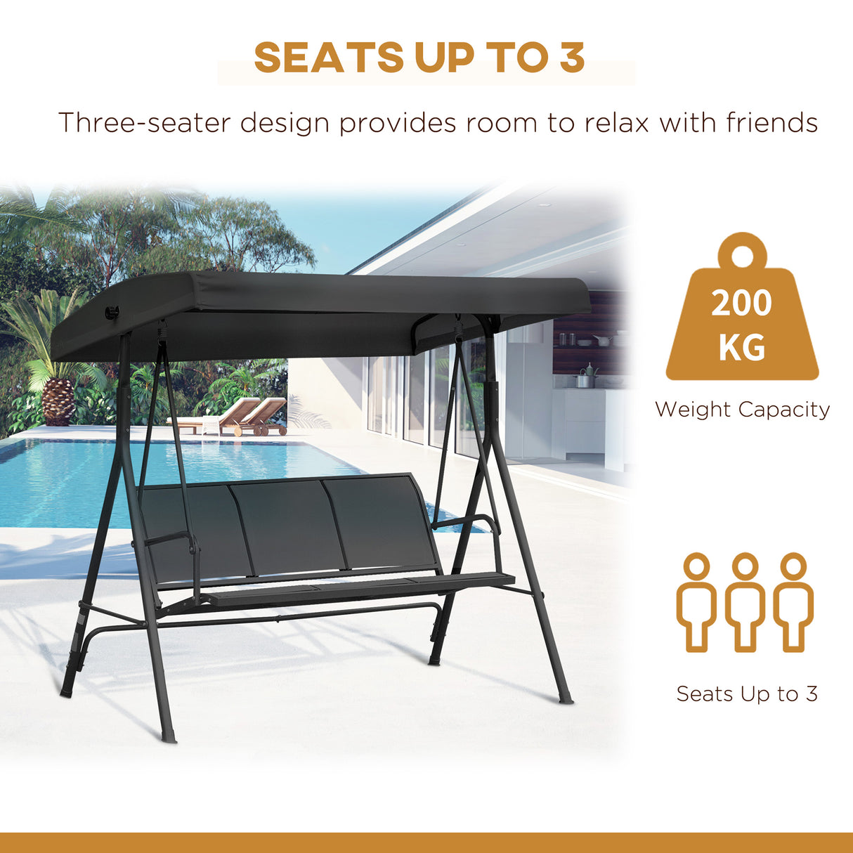 Steel 3 Seater Garden Swing Chair With Canopy - Velmora