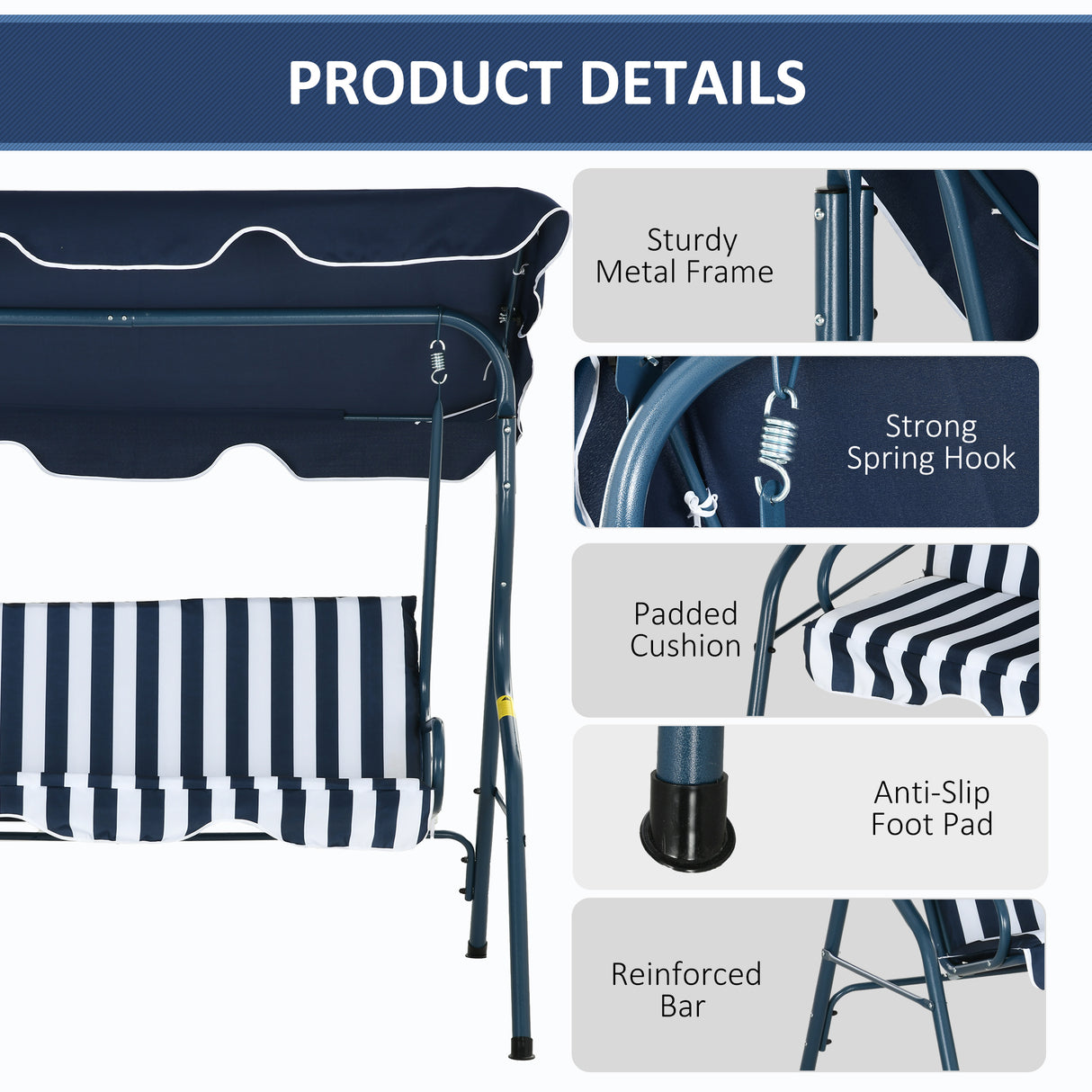 Steel 3 Seater Garden Swing Seat Bench With Adjustable Canopy And Stripes - Velmora