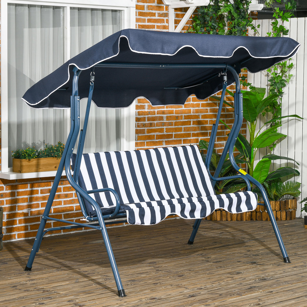 Steel 3 Seater Garden Swing Seat Bench With Adjustable Canopy And Stripes - Velmora