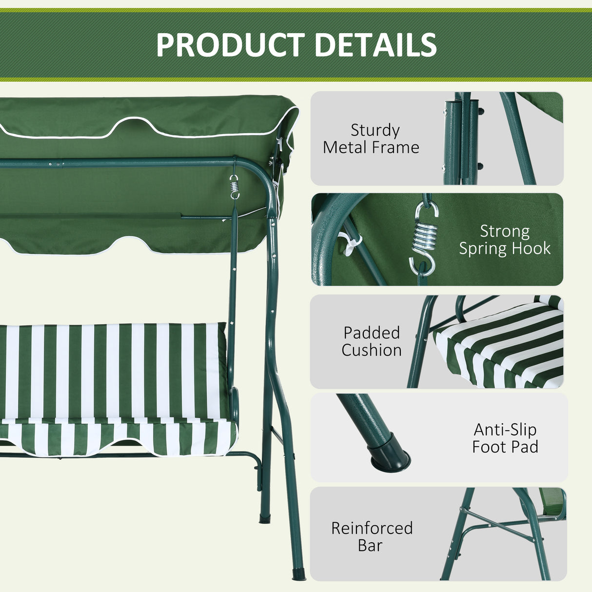 Steel 3 Seater Garden Swing Seat Bench With Adjustable Canopy And Stripes - Velmora