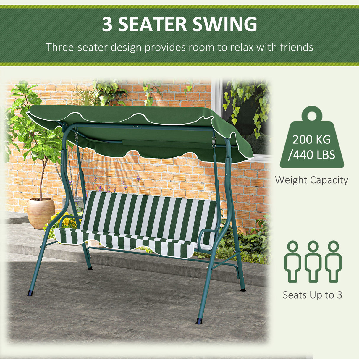 Steel 3 Seater Garden Swing Seat Bench With Adjustable Canopy And Stripes - Velmora