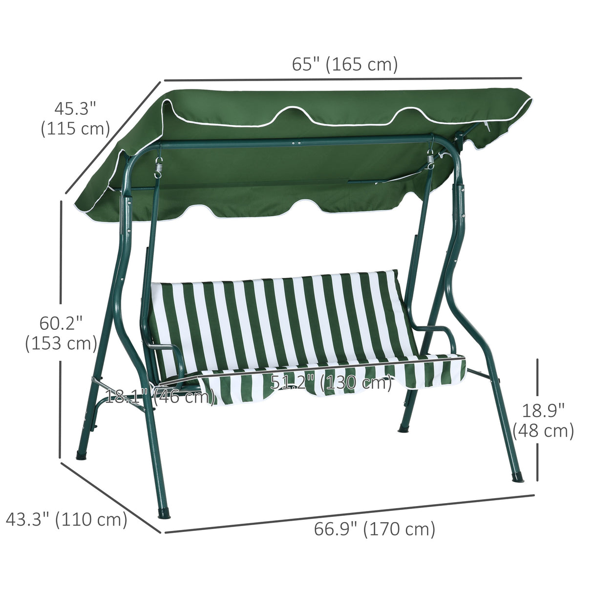 Steel 3 Seater Garden Swing Seat Bench With Adjustable Canopy And Stripes - Velmora