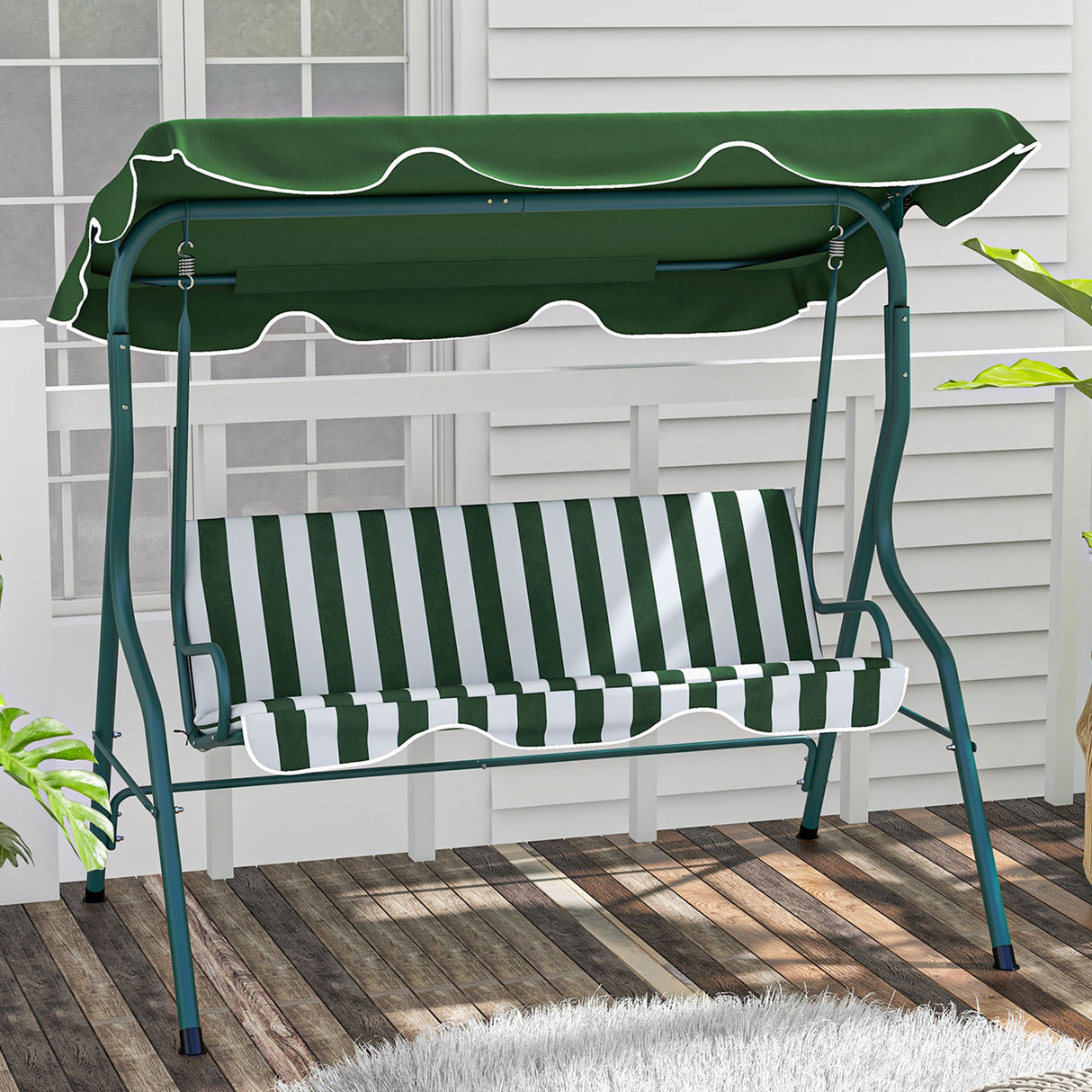 Steel 3 Seater Garden Swing Seat Bench With Adjustable Canopy And Stripes - Velmora