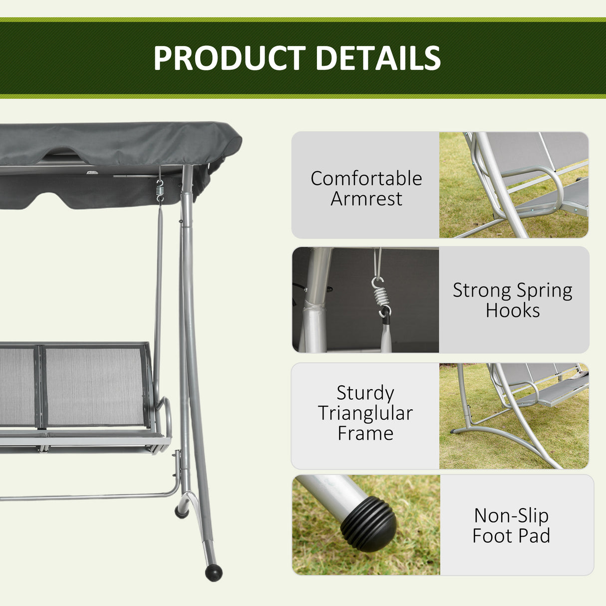 Steel 3 Seater Outdoor Porch Swing Chair Bench With Canopy - Velmora