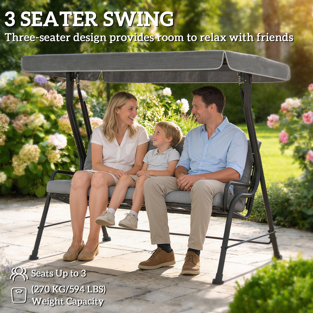 Steel 3 Seater Outdoor Porch Swing Chair Bench - Velmora