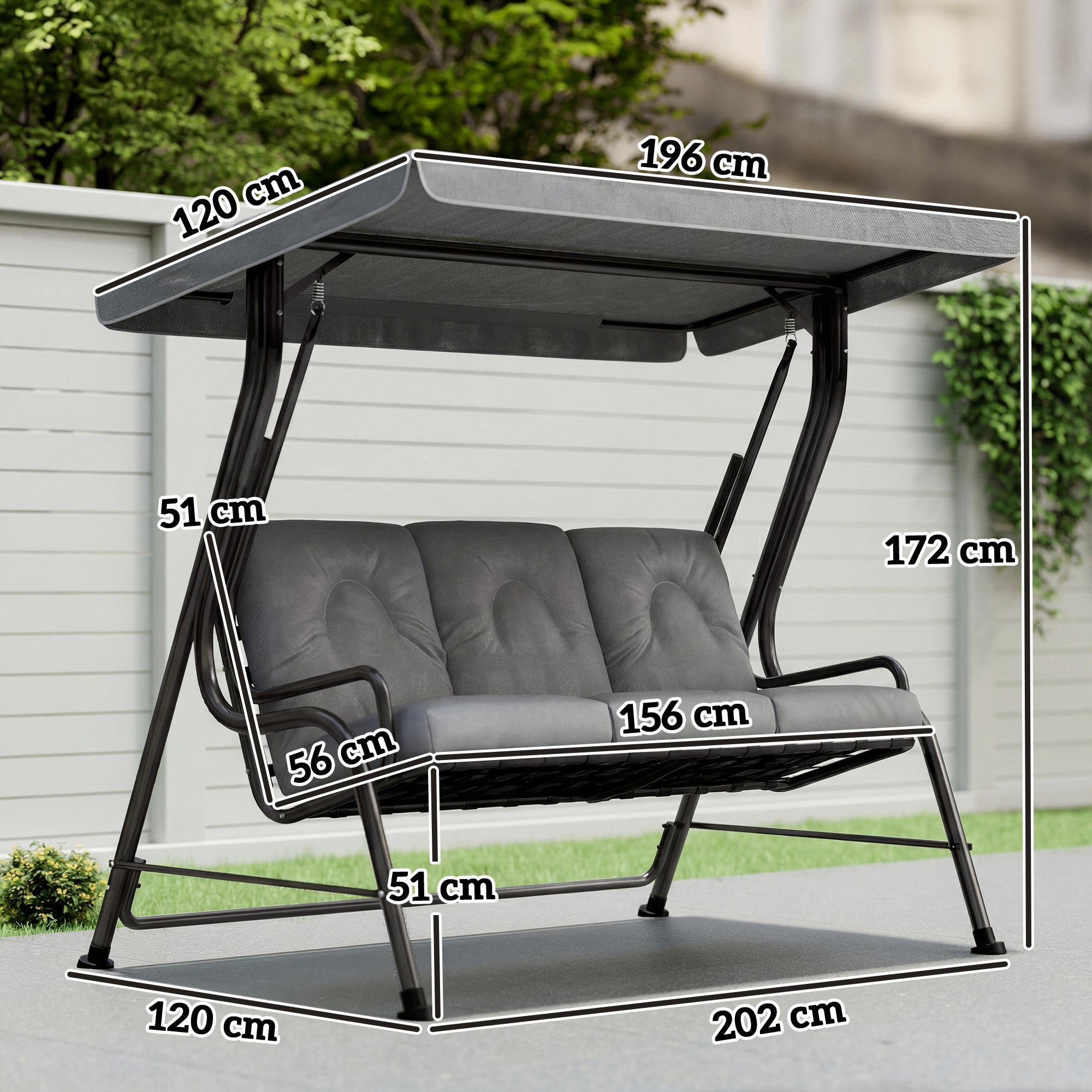 Steel 3 Seater Outdoor Porch Swing Chair Bench - Velmora