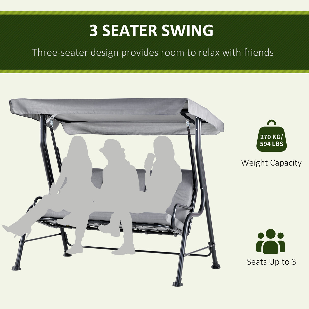 Steel 3 Seater Outdoor Porch Swing Chair Bench - Velmora