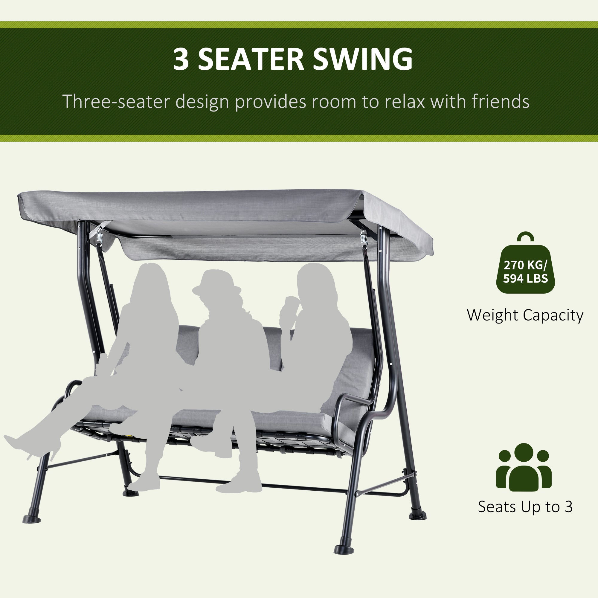 Steel 3 Seater Outdoor Porch Swing Chair Bench - Velmora