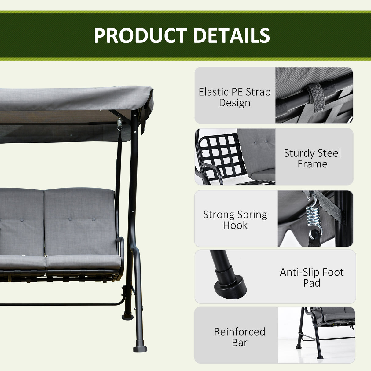 Steel 3 Seater Outdoor Porch Swing Chair Bench - Velmora