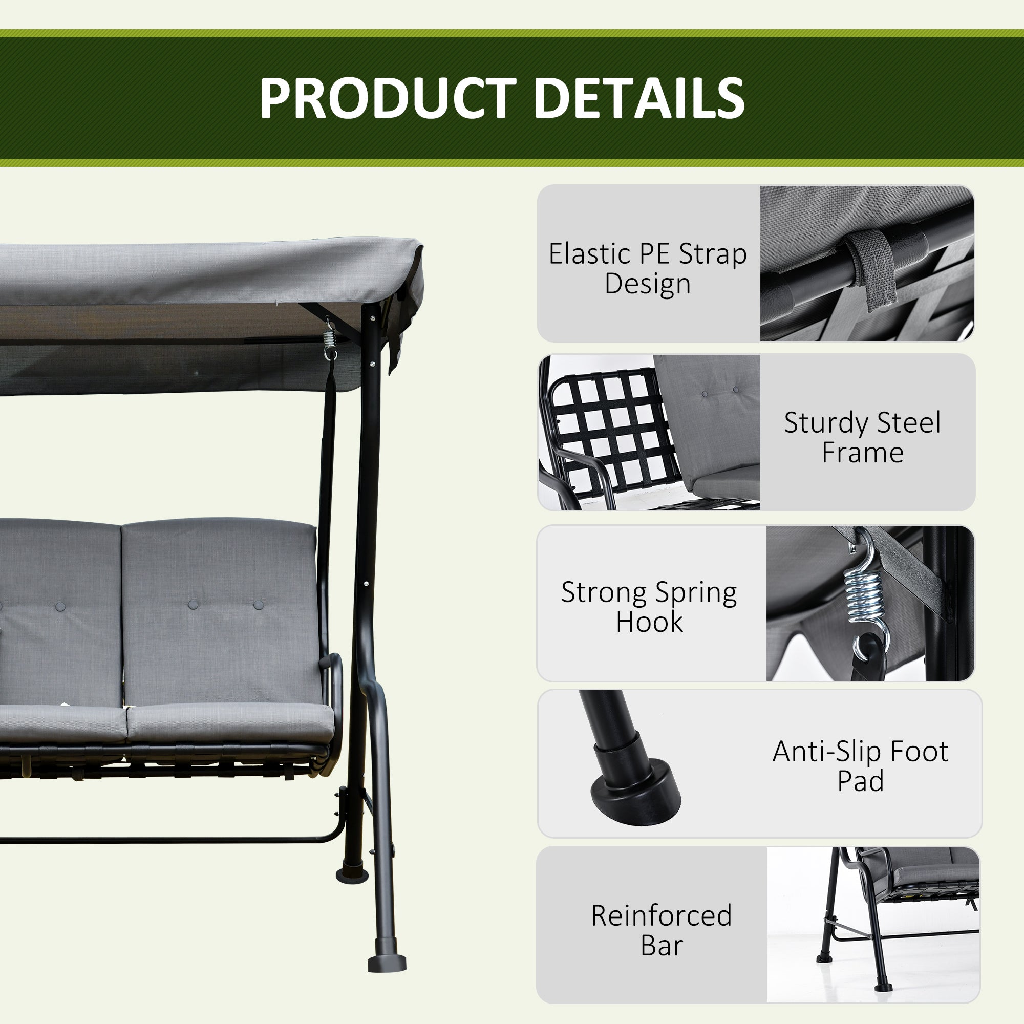 Steel 3 Seater Outdoor Porch Swing Chair Bench - Velmora