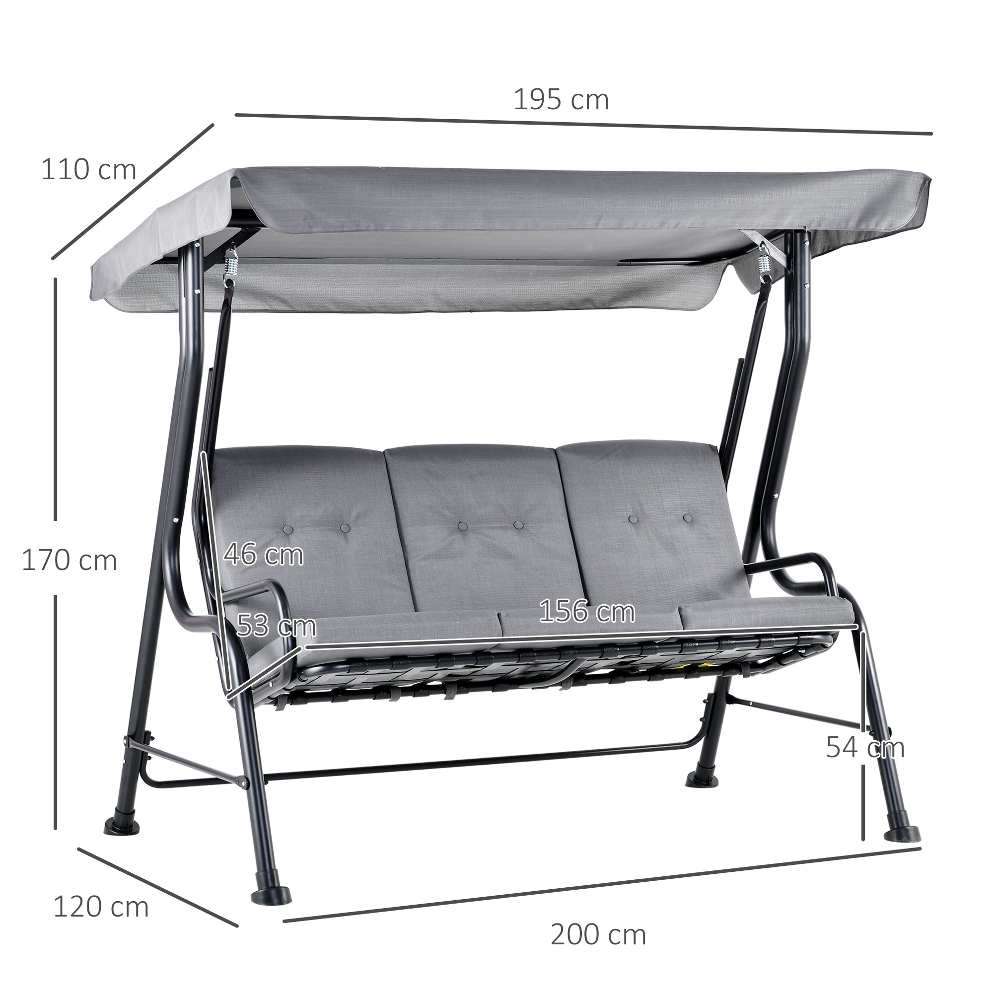 Steel 3 Seater Outdoor Porch Swing Chair Bench - Velmora