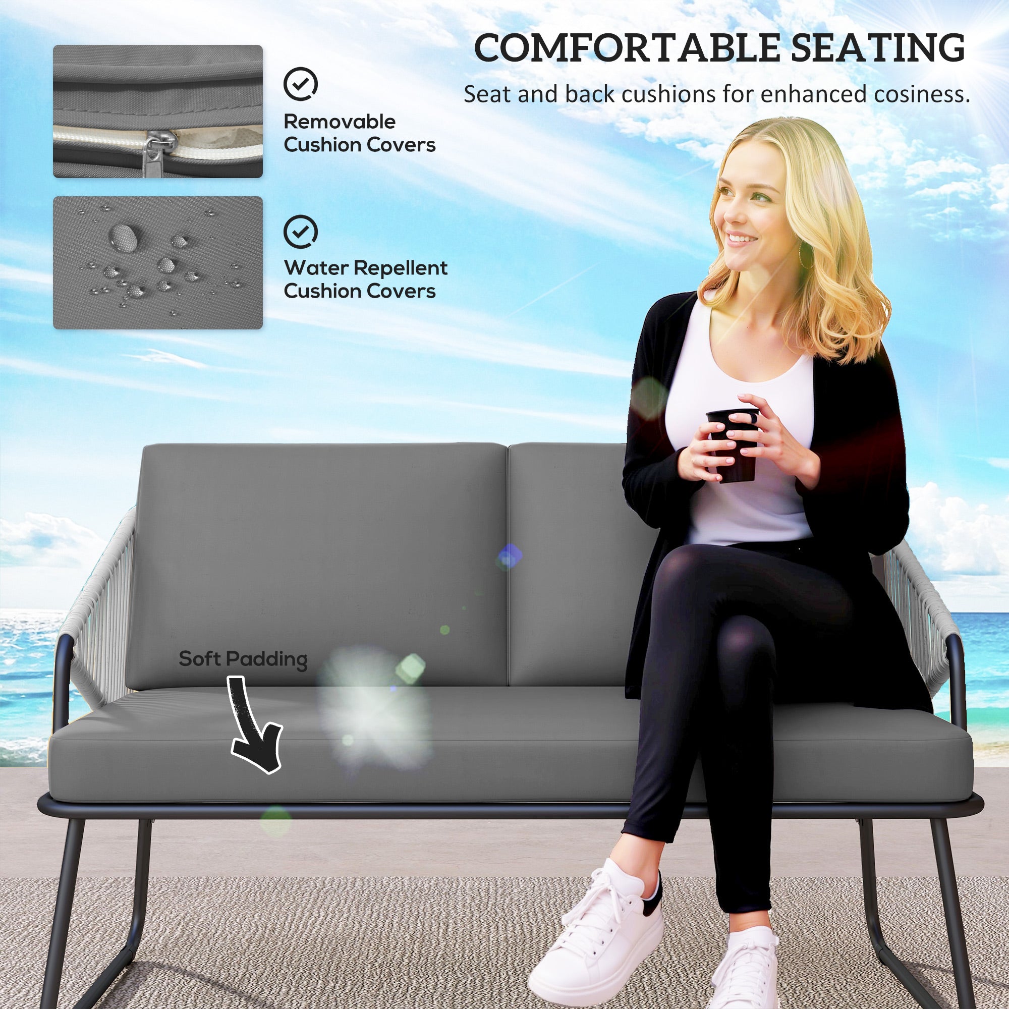 Steel 4 Pieces Outdoor Garden Sofa Set With Glass Top Coffee Table - Velmora