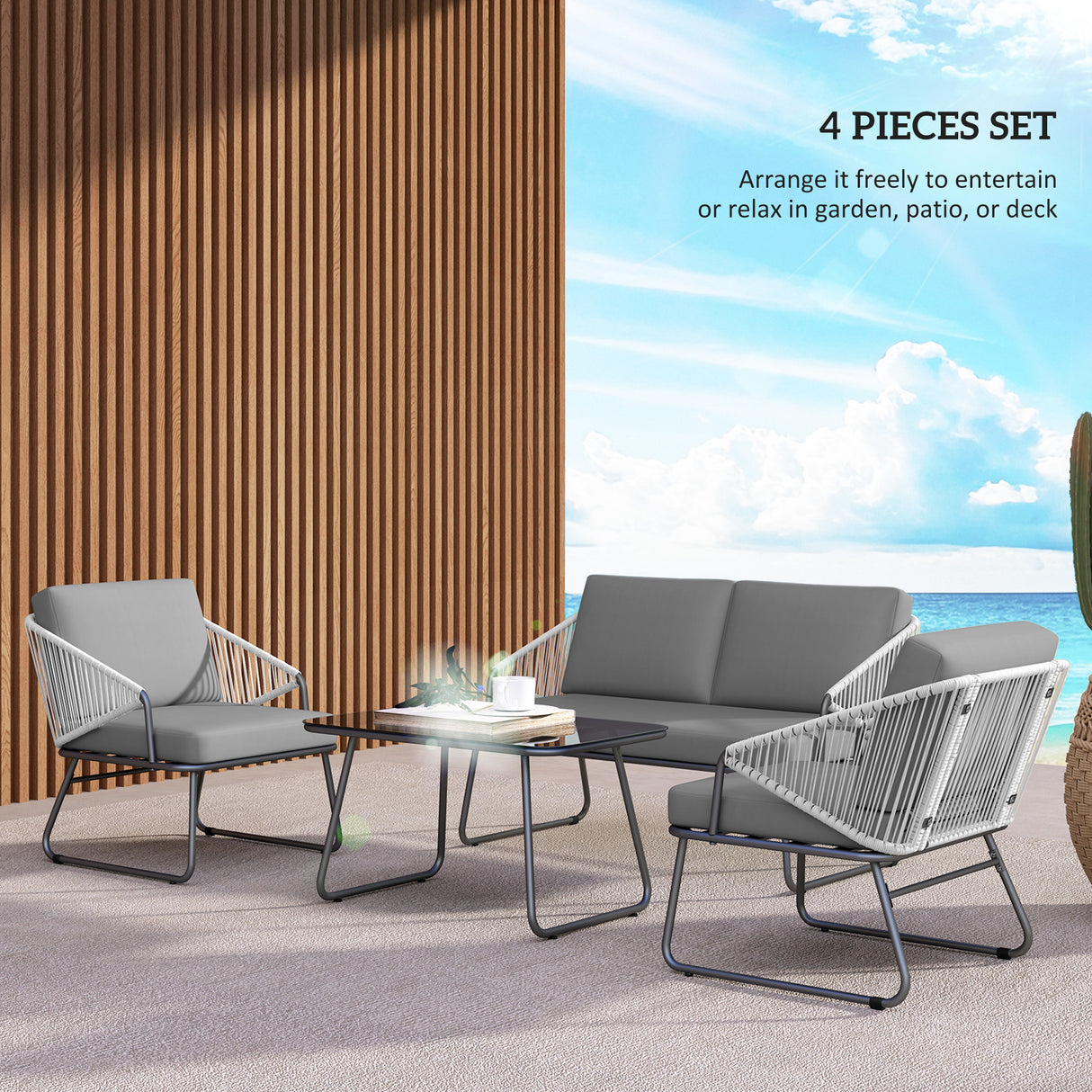 Steel 4 Pieces Outdoor Garden Sofa Set With Glass Top Coffee Table - Velmora