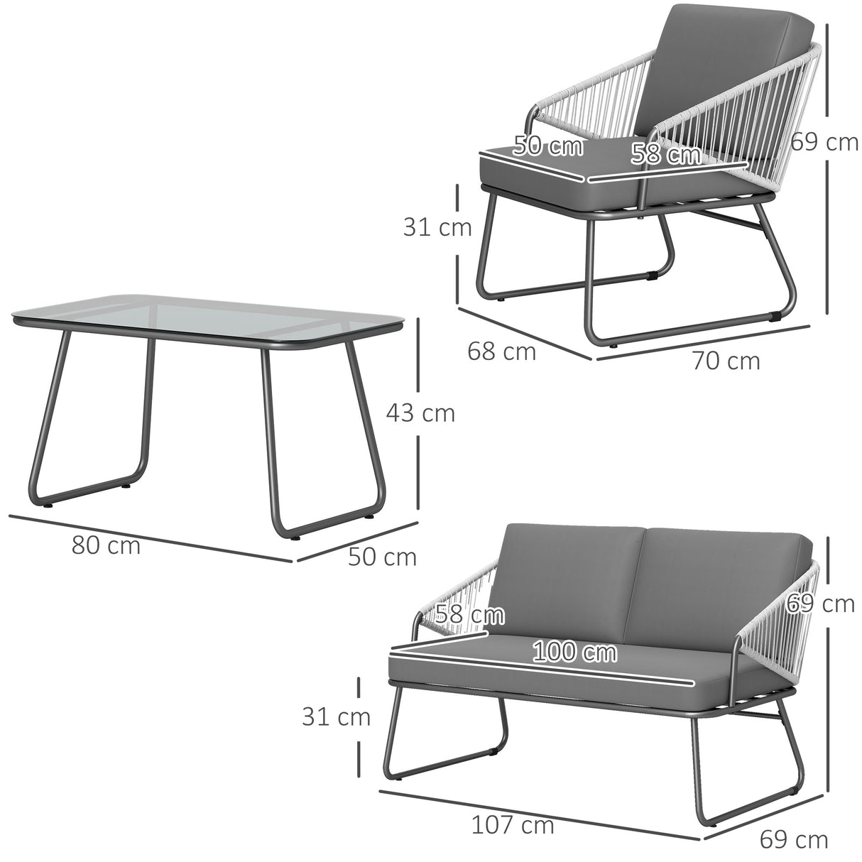 Steel 4 Pieces Outdoor Garden Sofa Set With Glass Top Coffee Table - Velmora
