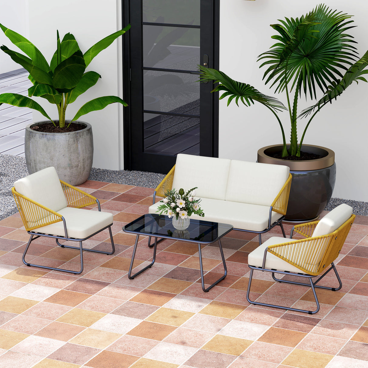 Steel 4 Pieces Outdoor Garden Sofa Set With Glass Top Coffee Table - Velmora