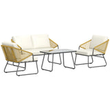 Steel 4 Pieces Outdoor Garden Sofa Set With Glass Top Coffee Table - Velmora