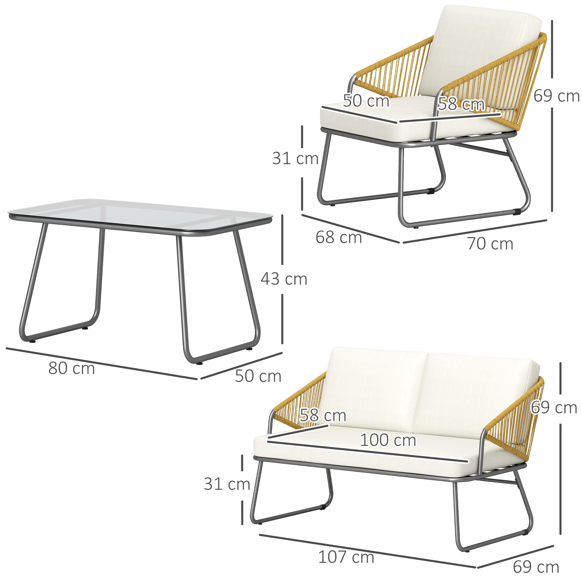 Steel 4 Pieces Outdoor Garden Sofa Set With Glass Top Coffee Table - Velmora
