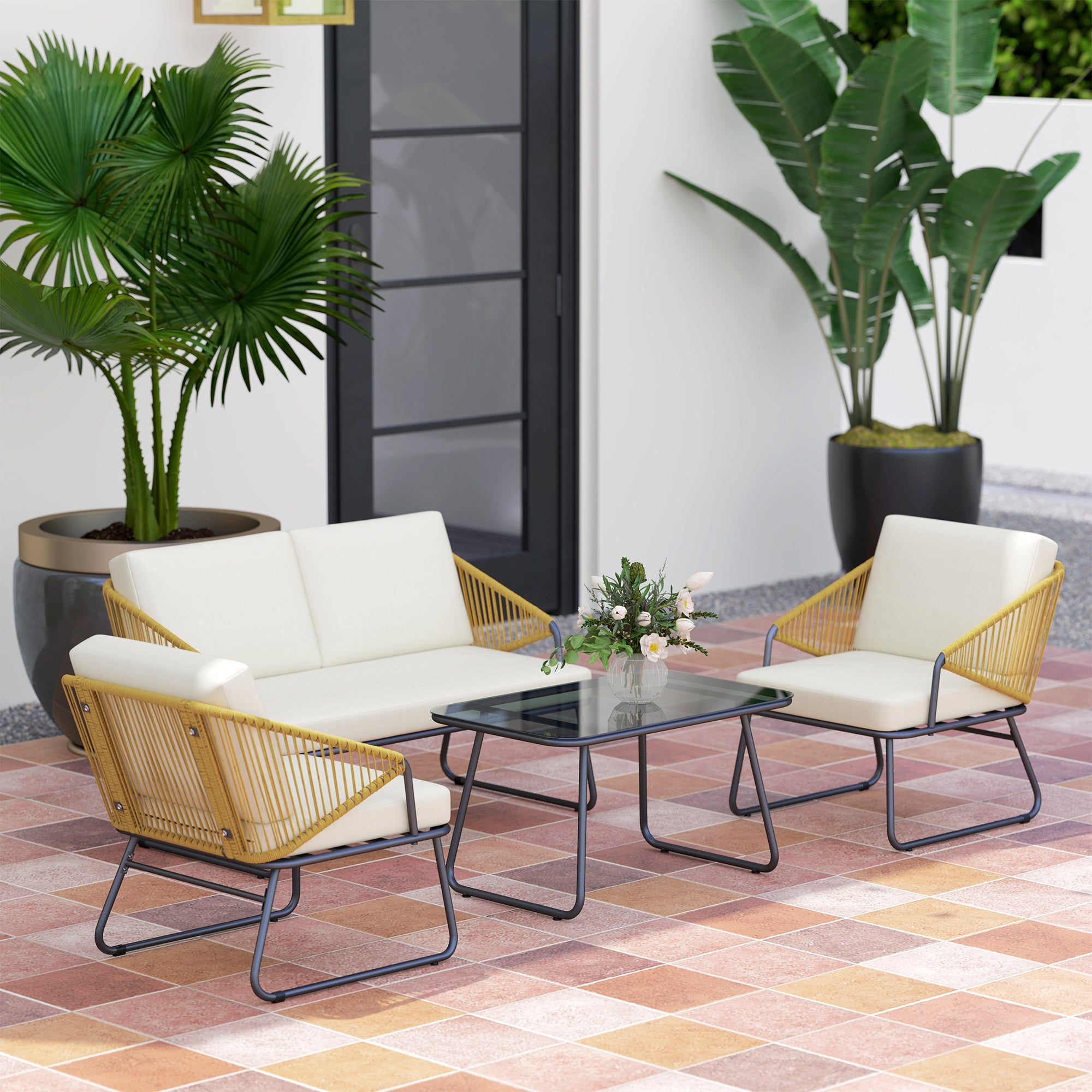 Steel 4 Pieces Outdoor Garden Sofa Set With Glass Top Coffee Table - Velmora