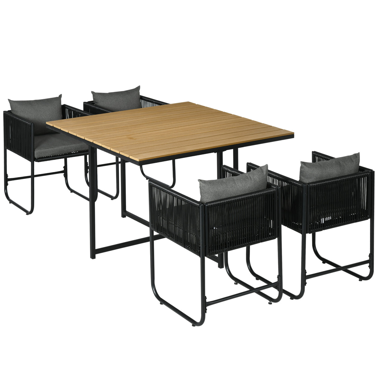 Steel 4 Seater Garden Dining Set With Rattan Cube Armchairs And Slatted Table - Velmora