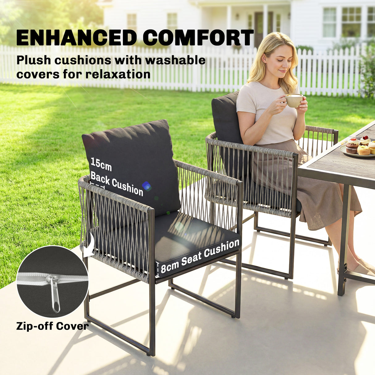 Steel 4 Seater Garden Dining Set With Rattan Cube Armchairs - Velmora