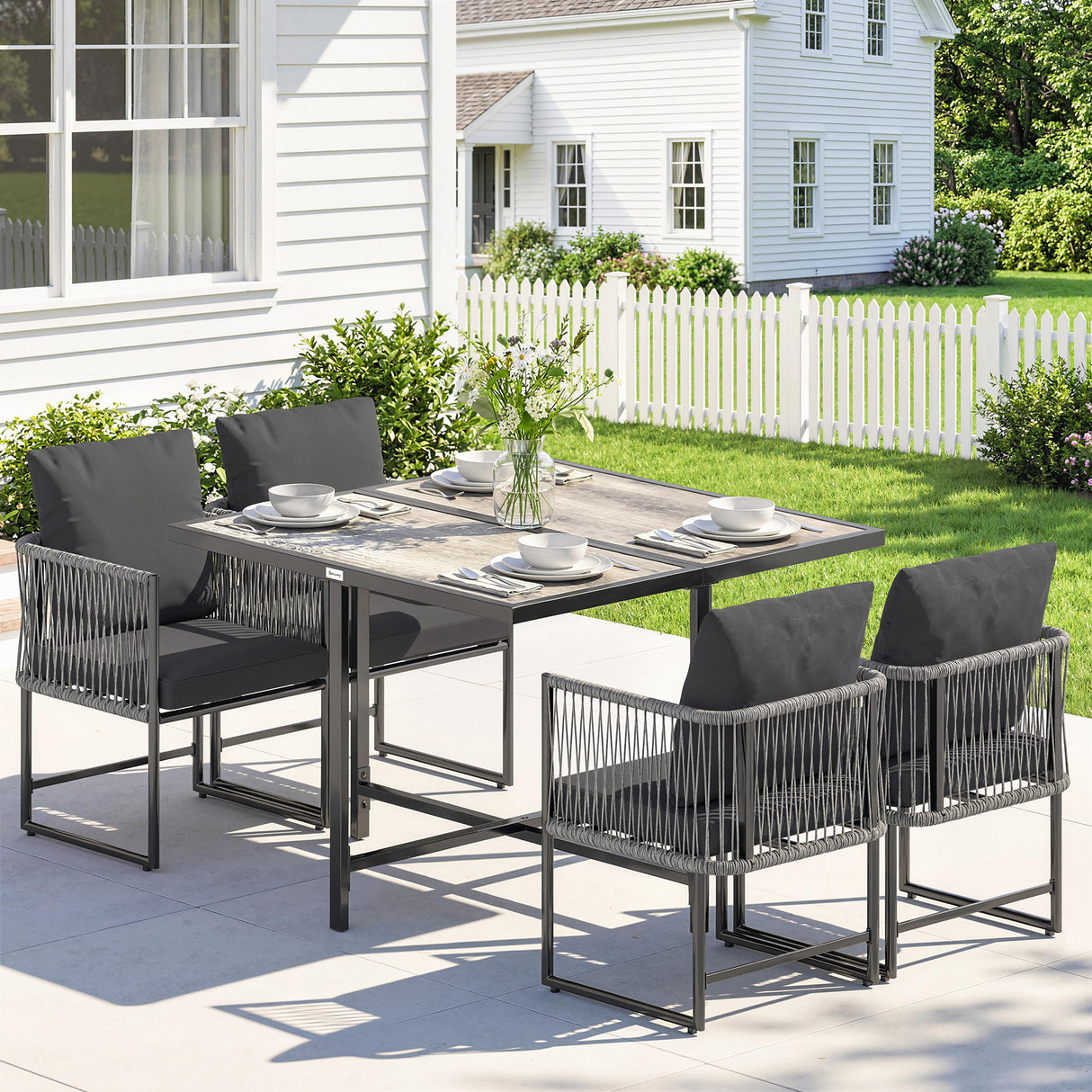 Steel 4 Seater Garden Dining Set With Rattan Cube Armchairs - Velmora