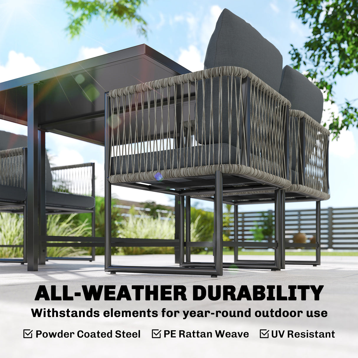 Steel 4 Seater Garden Dining Set With Rattan Cube Armchairs - Velmora