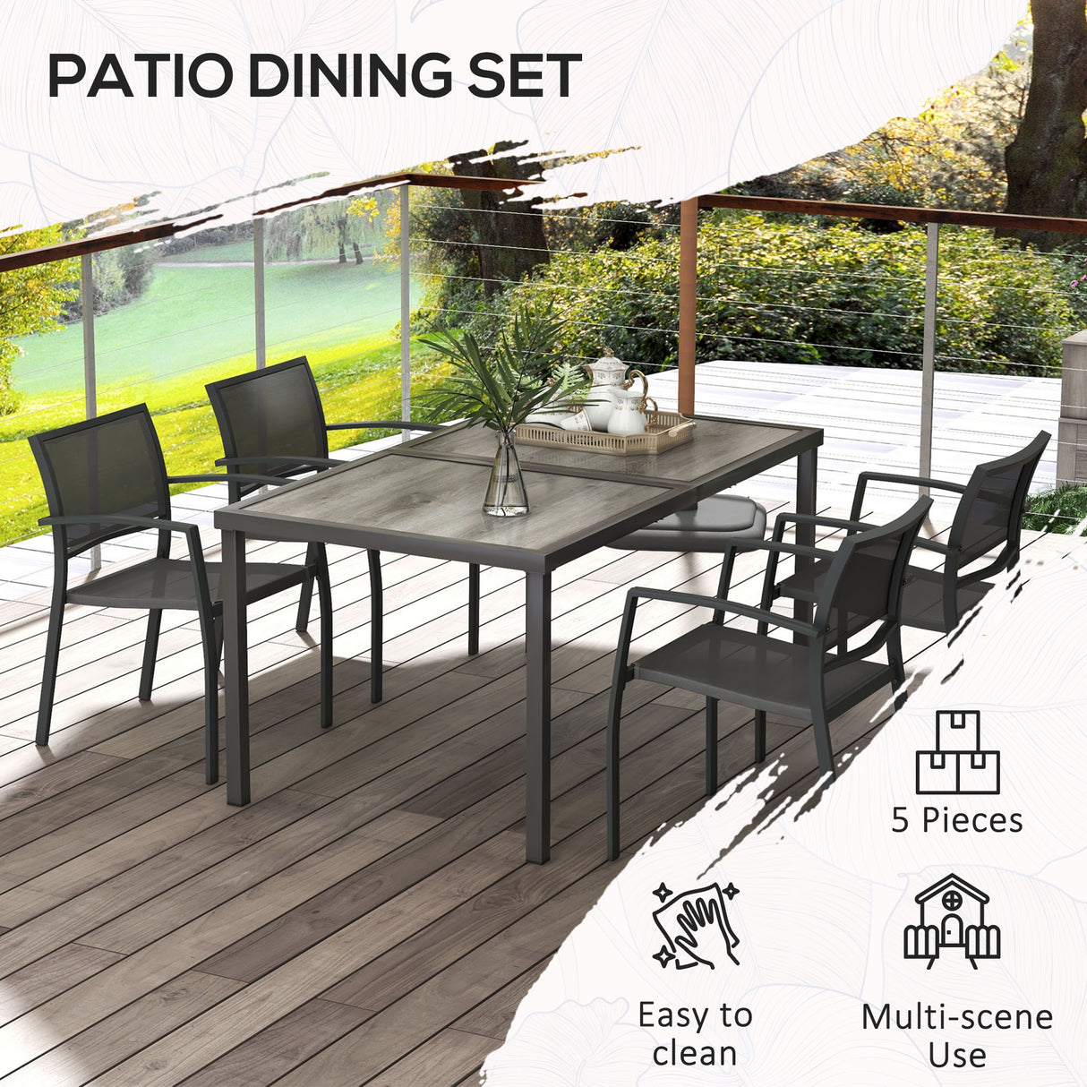 Steel 5 Pieces Casual Garden Dining Set With Rectangular Wood Effect Table - Velmora