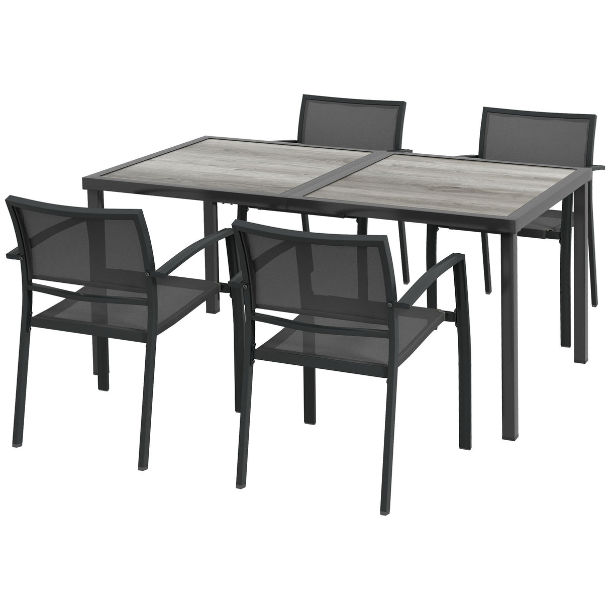 Steel 5 Pieces Casual Garden Dining Set With Rectangular Wood Effect Table - Velmora