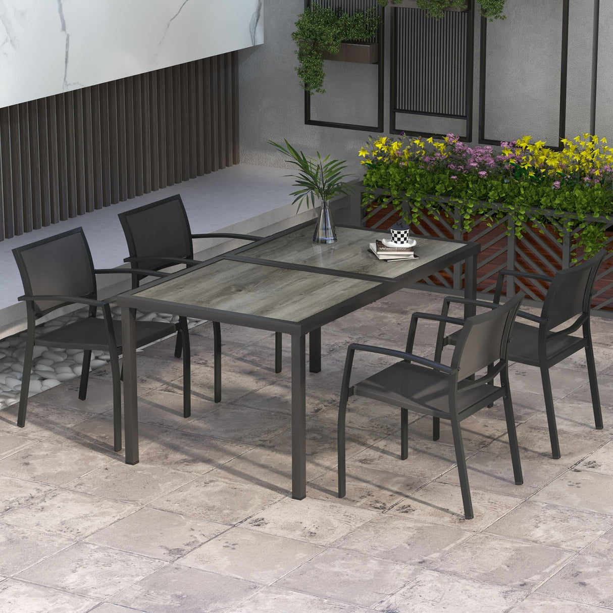 Steel 5 Pieces Casual Garden Dining Set With Rectangular Wood Effect Table - Velmora