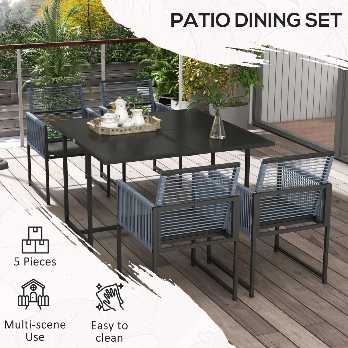 Steel 5 Pieces Garden Dining Set With 4 Folding Back Chairs - Velmora