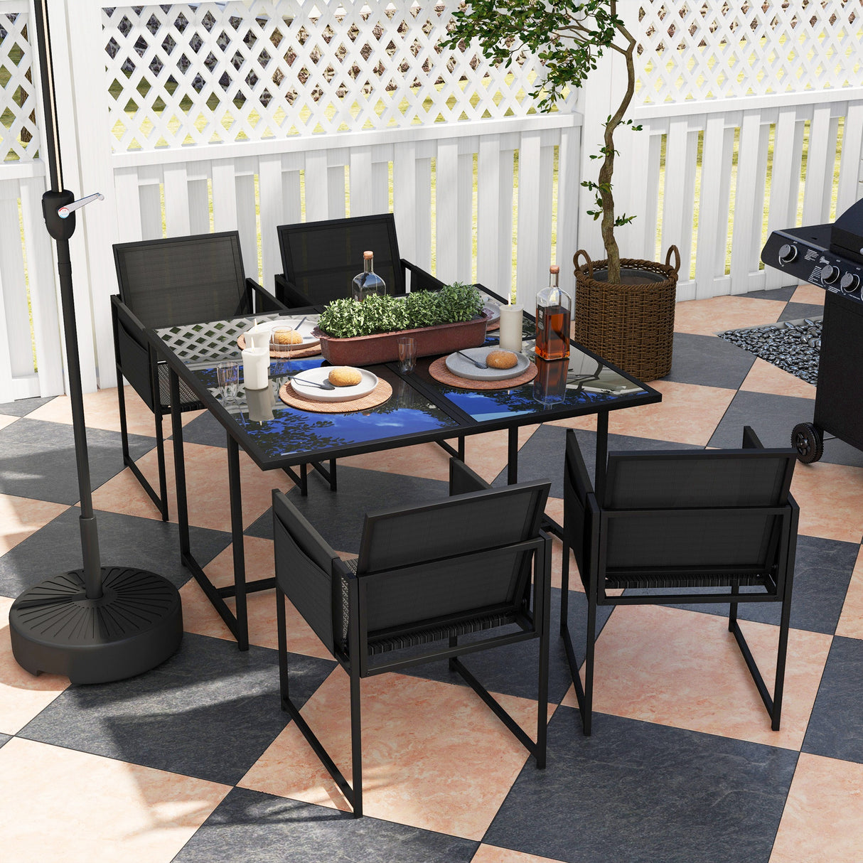 Steel 5 Pieces Garden Dining Set With 4 Mesh Fabric Folding Back Chairs - Velmora