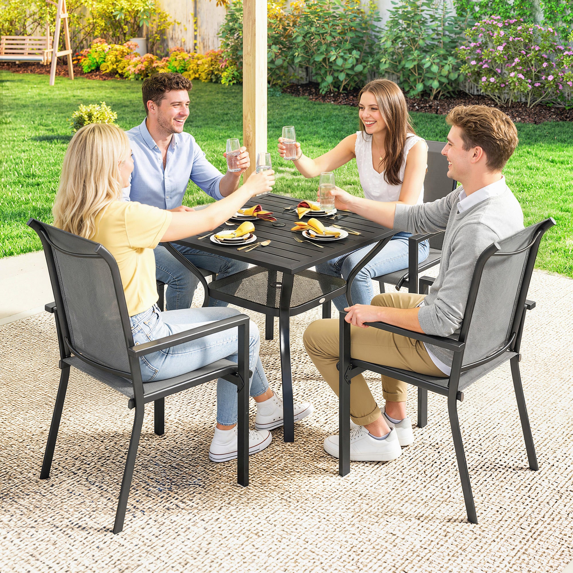 Steel 5 Pieces Garden Dining Set for 4 People With Stackable Chairs - Velmora