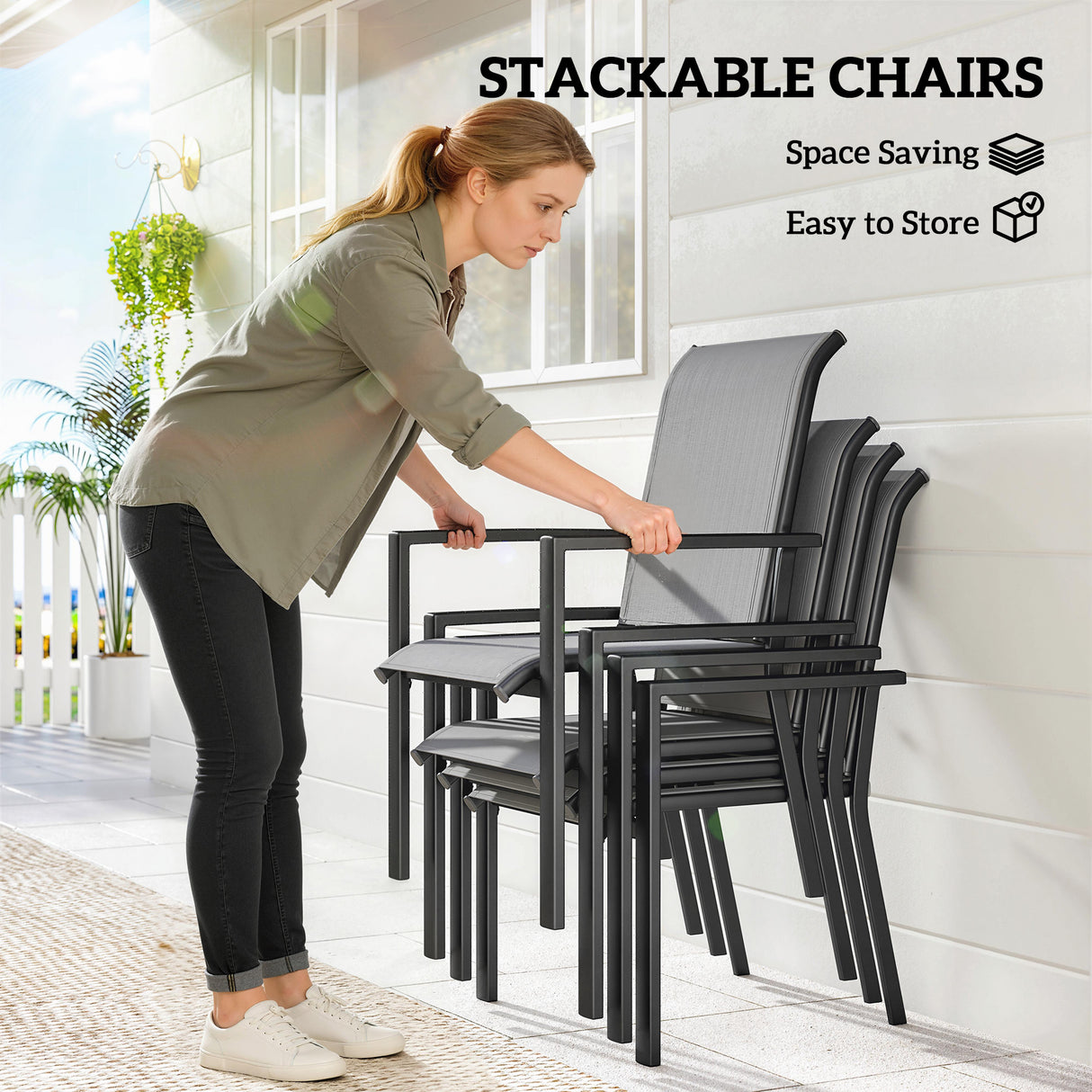 Steel 5 Pieces Garden Dining Set for 4 People With Stackable Chairs - Velmora