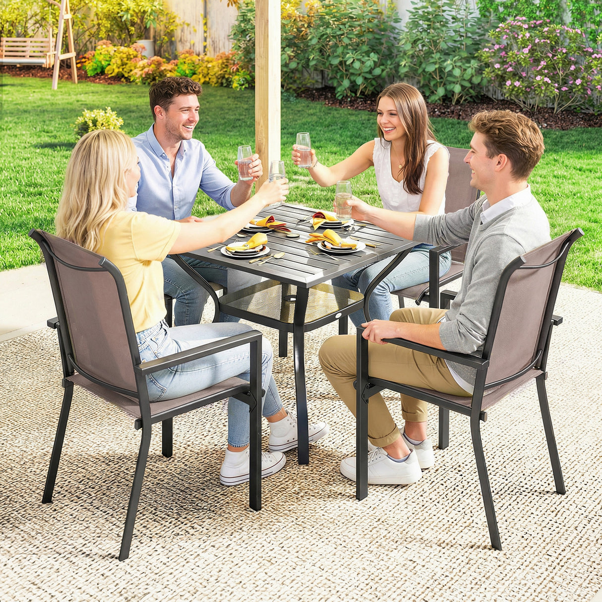 Steel 5 Pieces Garden Dining Set for 4 People With Stackable Chairs - Velmora