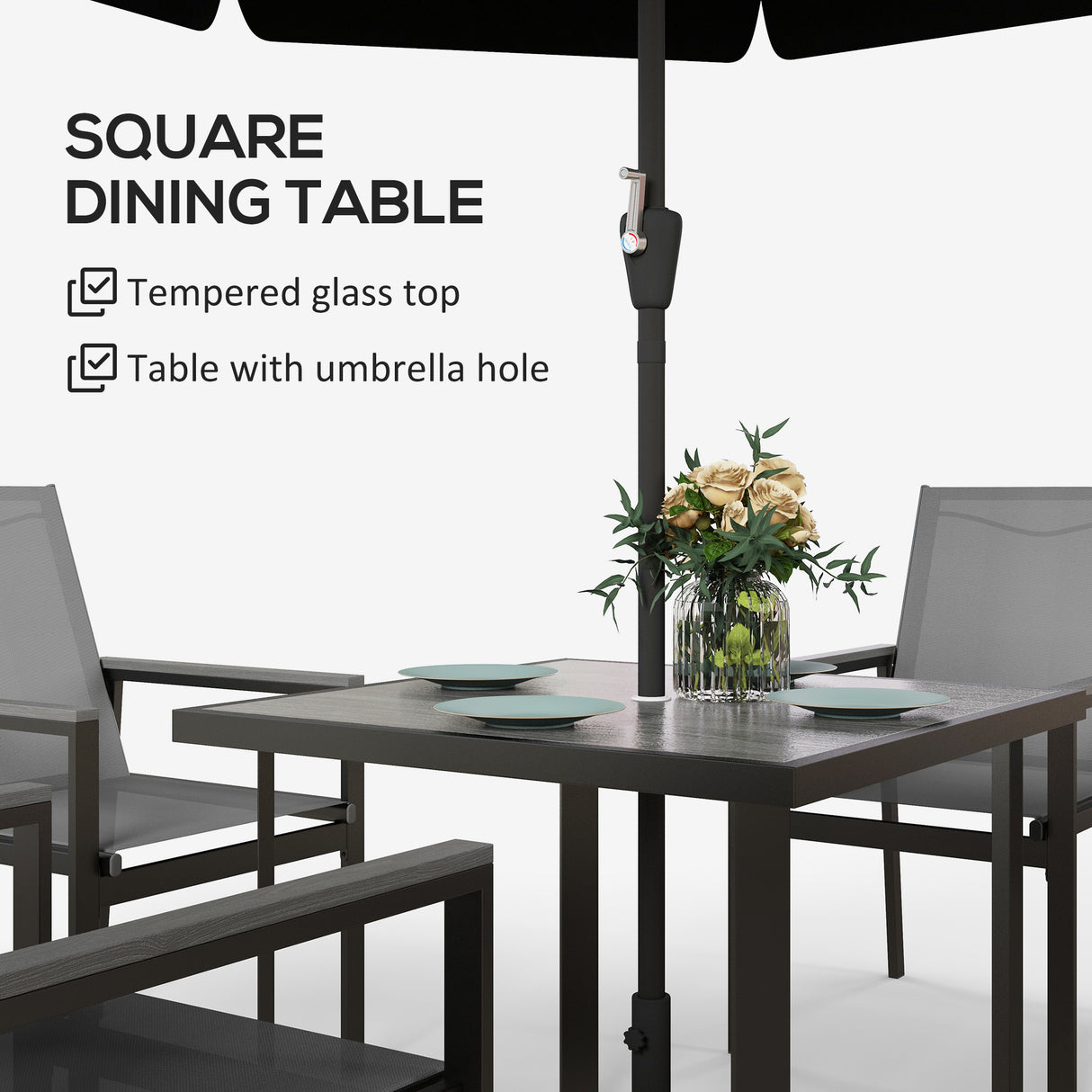 Steel 5 Pieces Garden Dining Set With Glass Top Table And Parasol Hole - Velmora