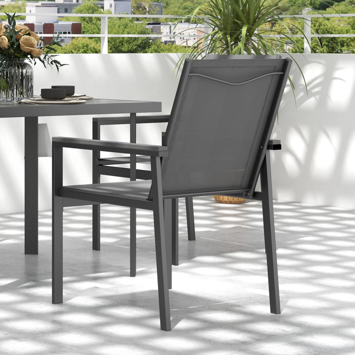 Steel 5 Pieces Garden Dining Set With Glass Top Table And Parasol Hole - Velmora