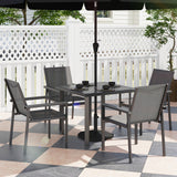 Steel 5 Pieces Garden Dining Set With Glass Top Table And Parasol Hole - Velmora