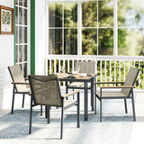 Steel 5 Pieces Garden Dining Set With Glass Top Table And Parasol Hole - Velmora