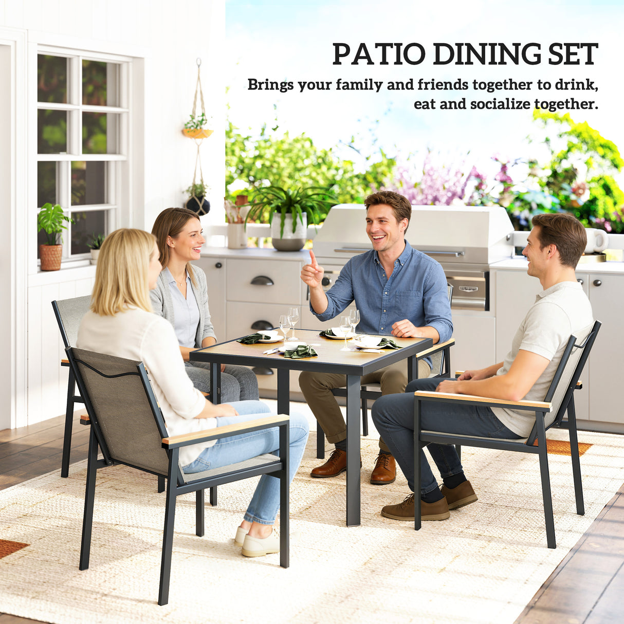 Steel 5 Pieces Garden Dining Set With Glass Top Table And Parasol Hole - Velmora